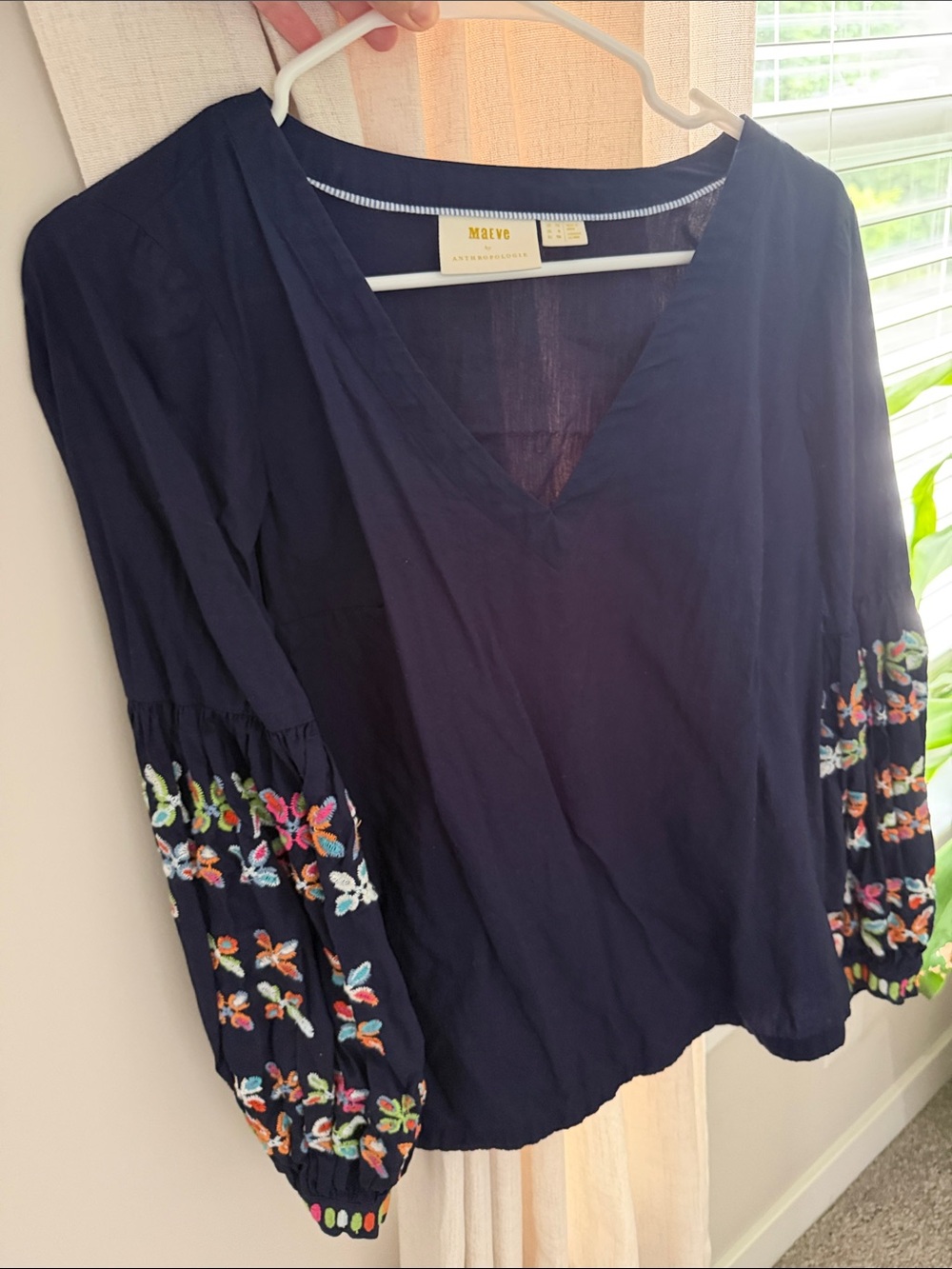 Maeve Navy V-Neck Tunic with Multicolor Embroidered Balloon Sleeves